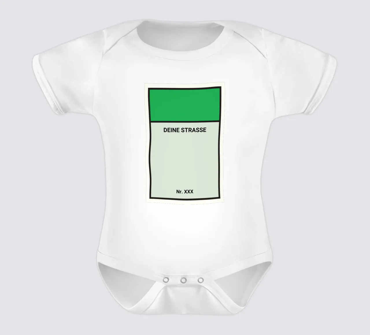 Poster verde stile Monopoly - La vostra via e il vostro numero civico body neonato maniche corte da FRAMELY
