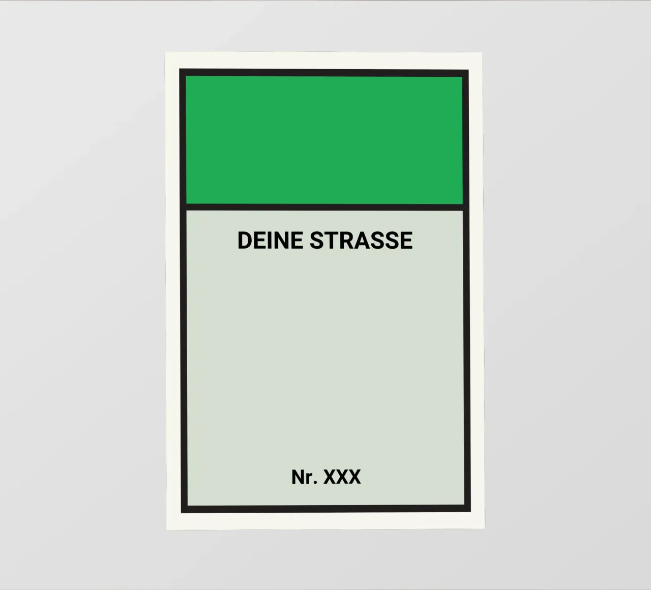 Poster verde stile Monopoly - La vostra via e il vostro numero civico pellicola backlit da FRAMELY