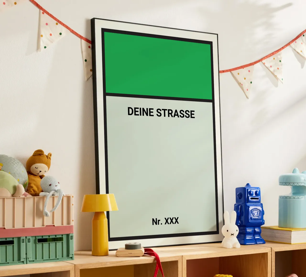 Poster verde stile Monopoly - La vostra via e il vostro numero civico alluminio dibond da FRAMELY