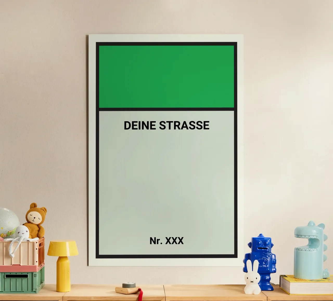 Poster verde stile Monopoly - La vostra via e il vostro numero civico alluminio dibond da FRAMELY