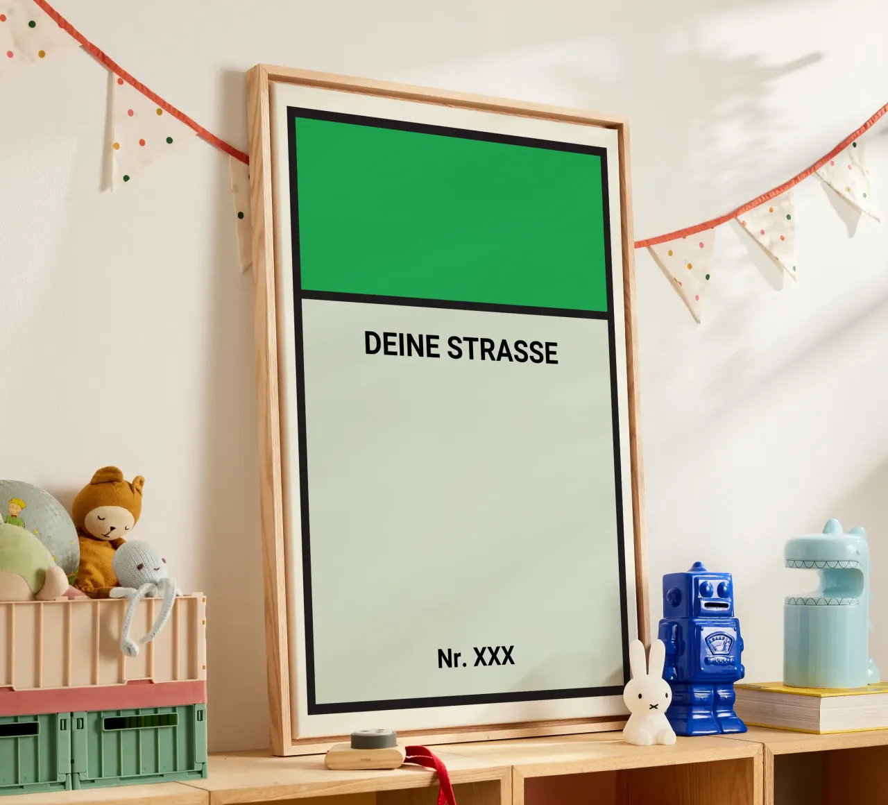 Poster verde stile Monopoly - La vostra via e il vostro numero civico tela con Cornice a cassetta da FRAMELY