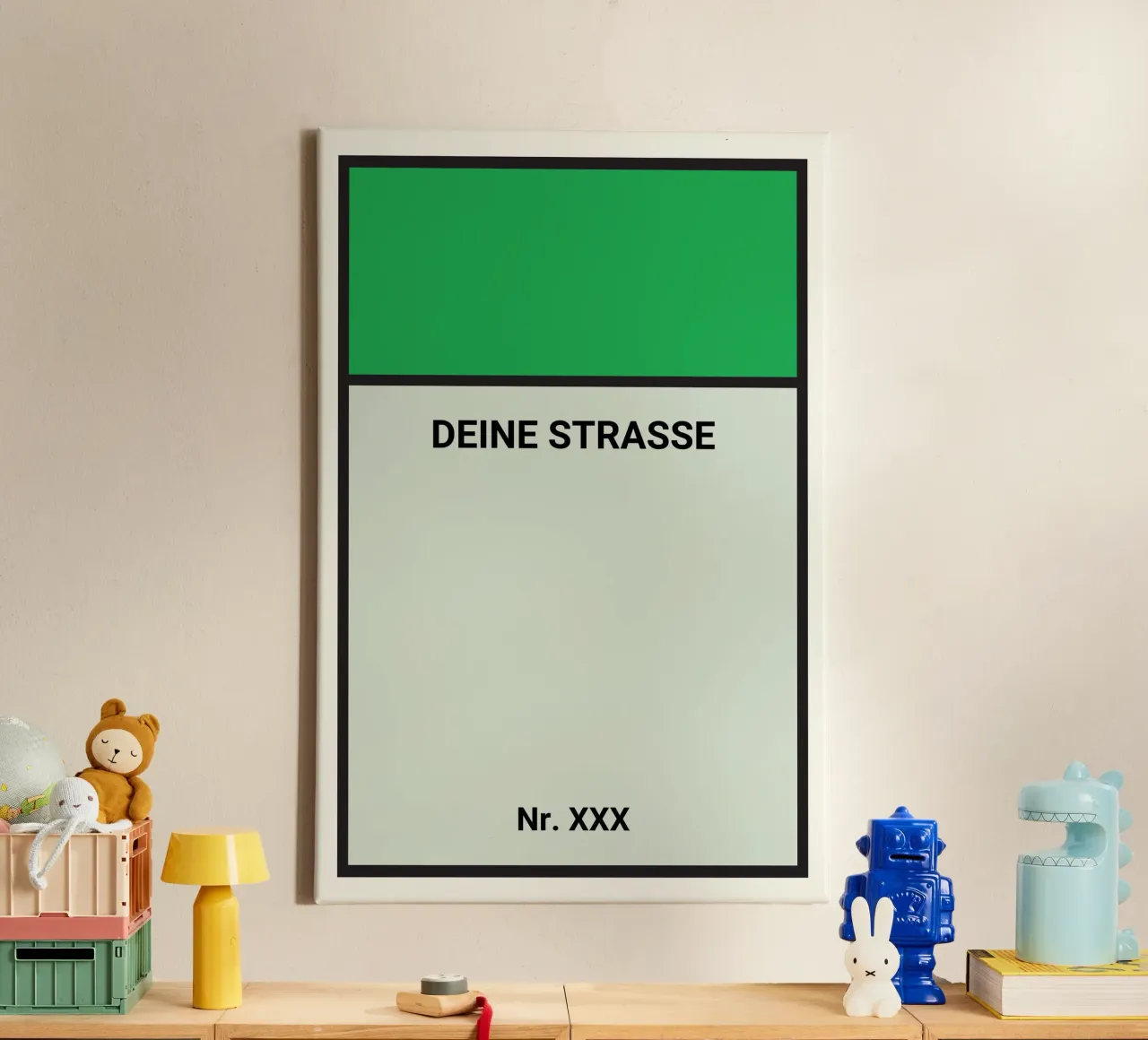 Poster verde stile Monopoly - La vostra via e il vostro numero civico tela con Cornice a cassetta da FRAMELY