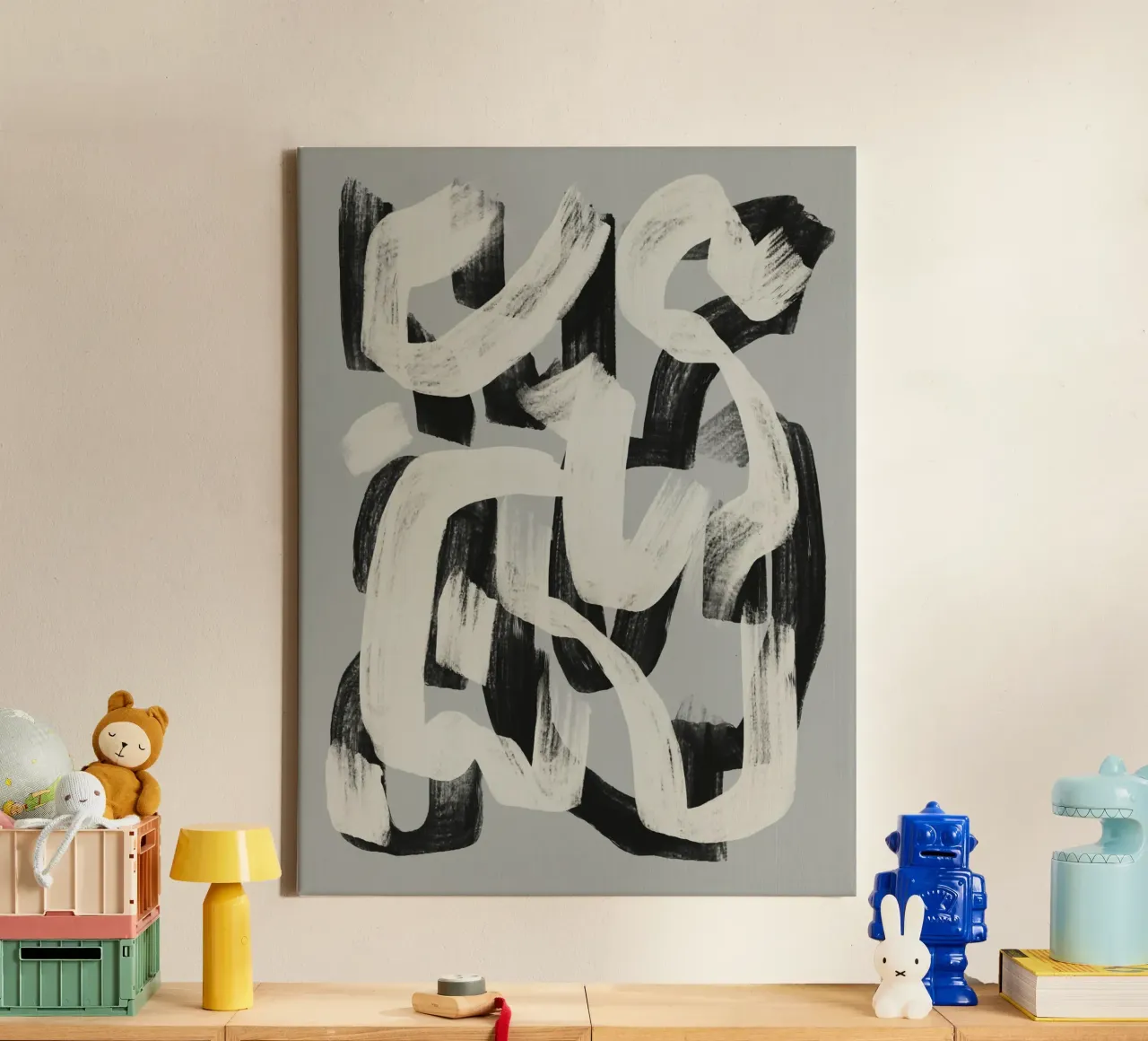 Droog penseel abstract in zwart en wit canvas van Little Dean