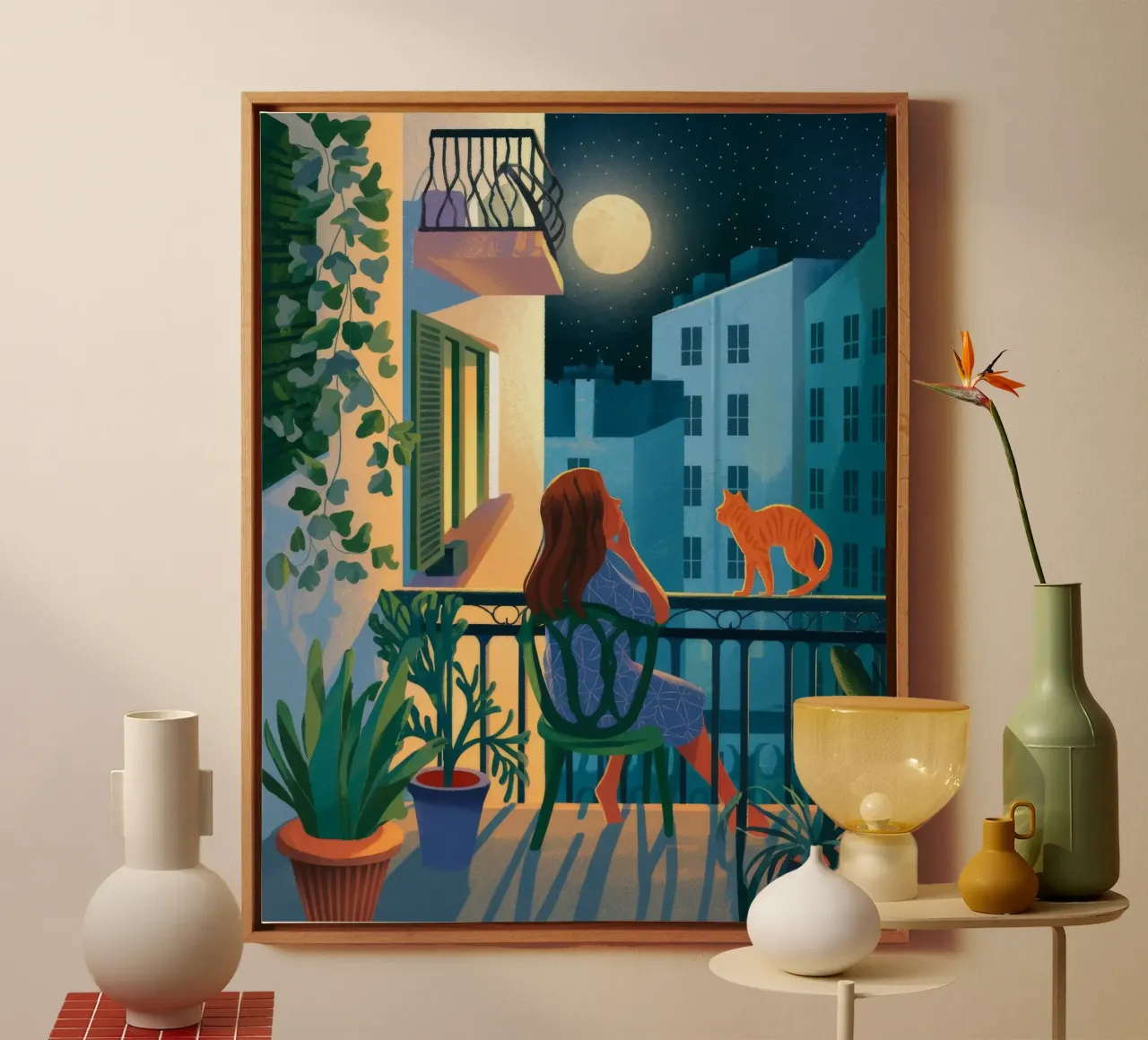 Moonlit Balcony Reverie canvas with Floater frame by Fine Sanctuary