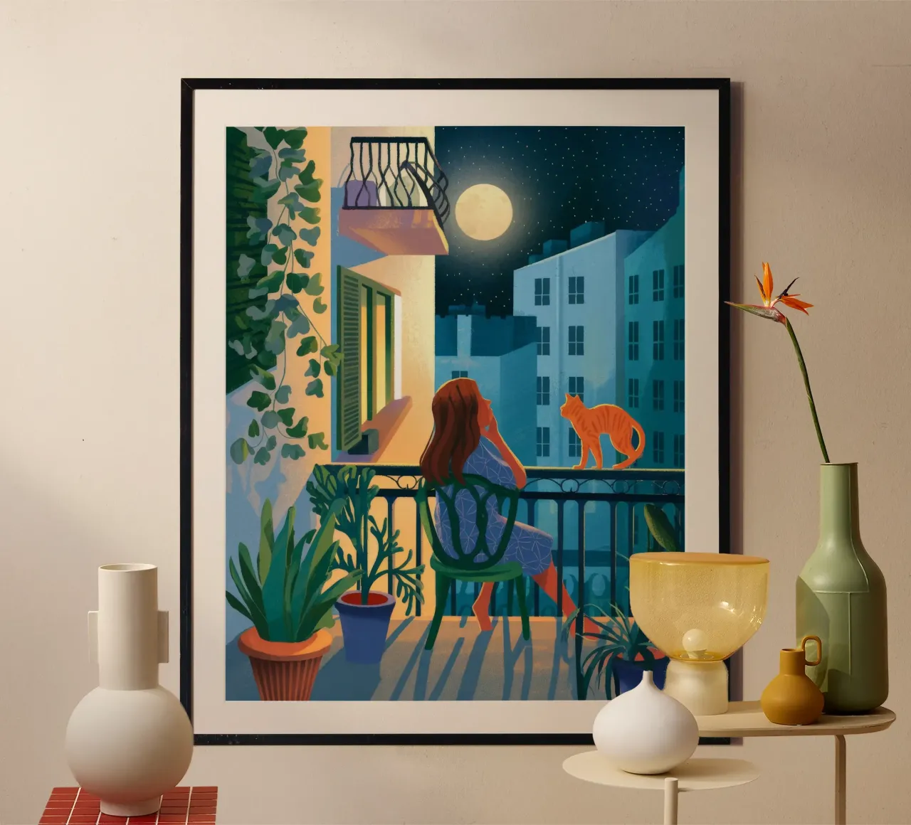 Ensueño en un balcón a la luz de la luna poster con marco de aluminio de Fine Sanctuary