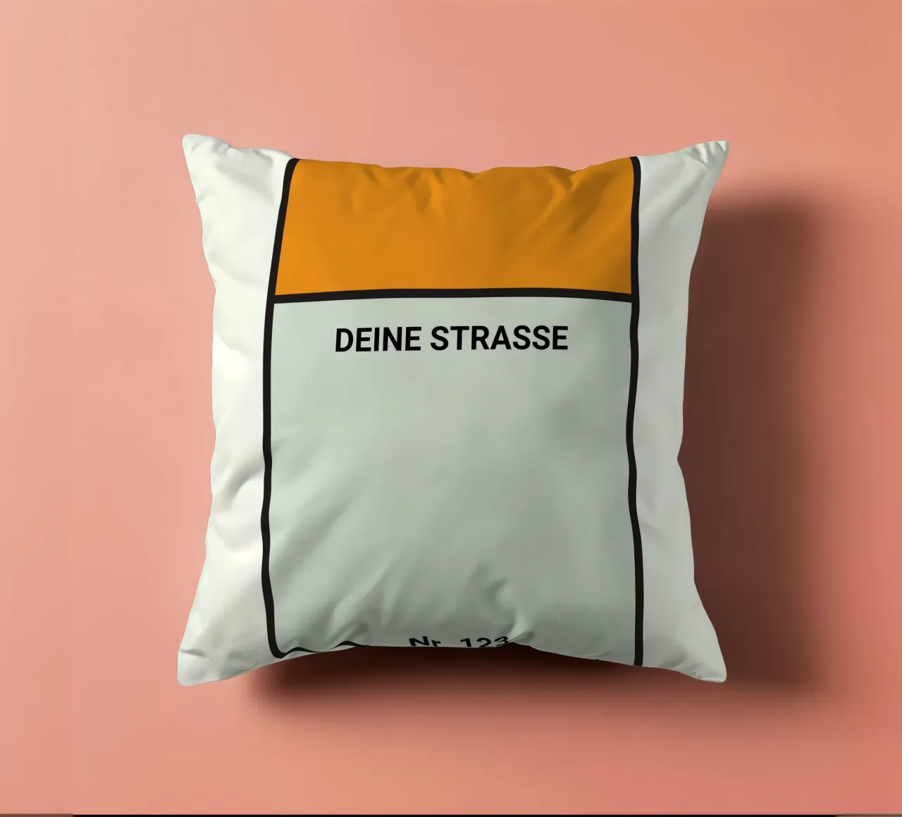 Monopoly-Style Poster orange – Deine Straße & Hausnummer Kissen von FRAMELY