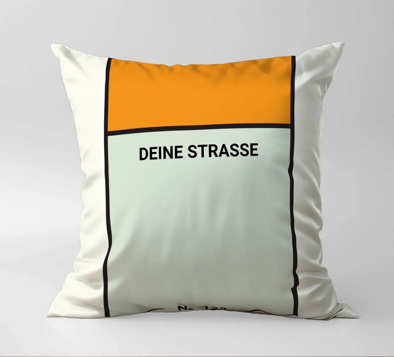 Monopoly-Style Poster orange – Deine Straße & Hausnummer Kissen von FRAMELY