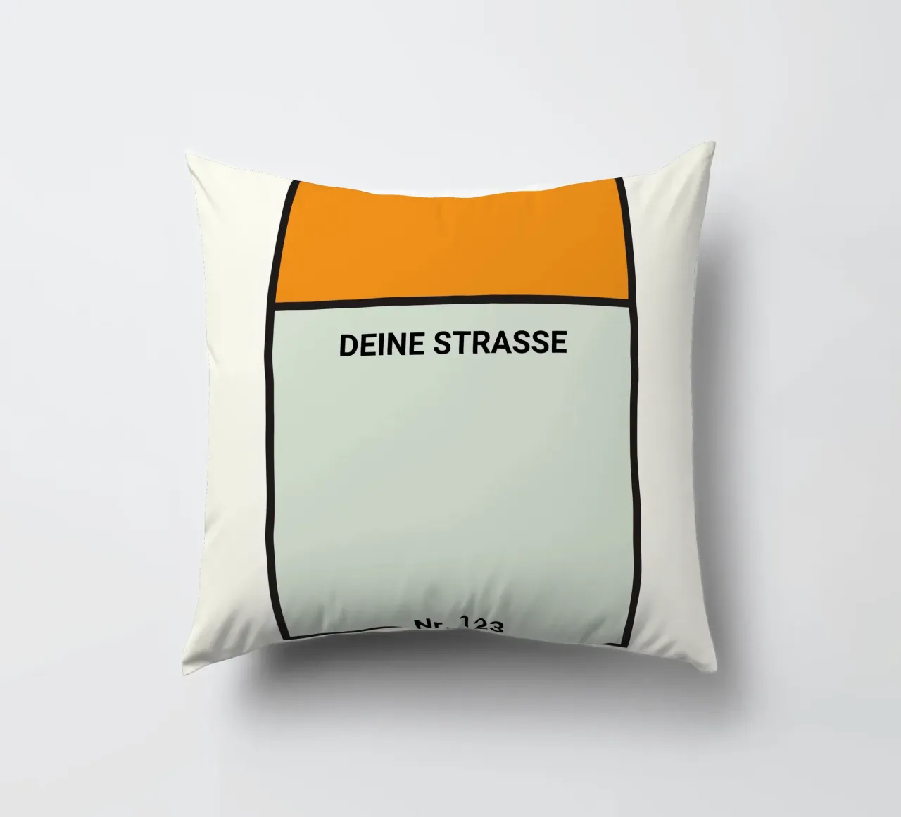 Monopoly-Style Poster orange – Deine Straße & Hausnummer Kissen von FRAMELY