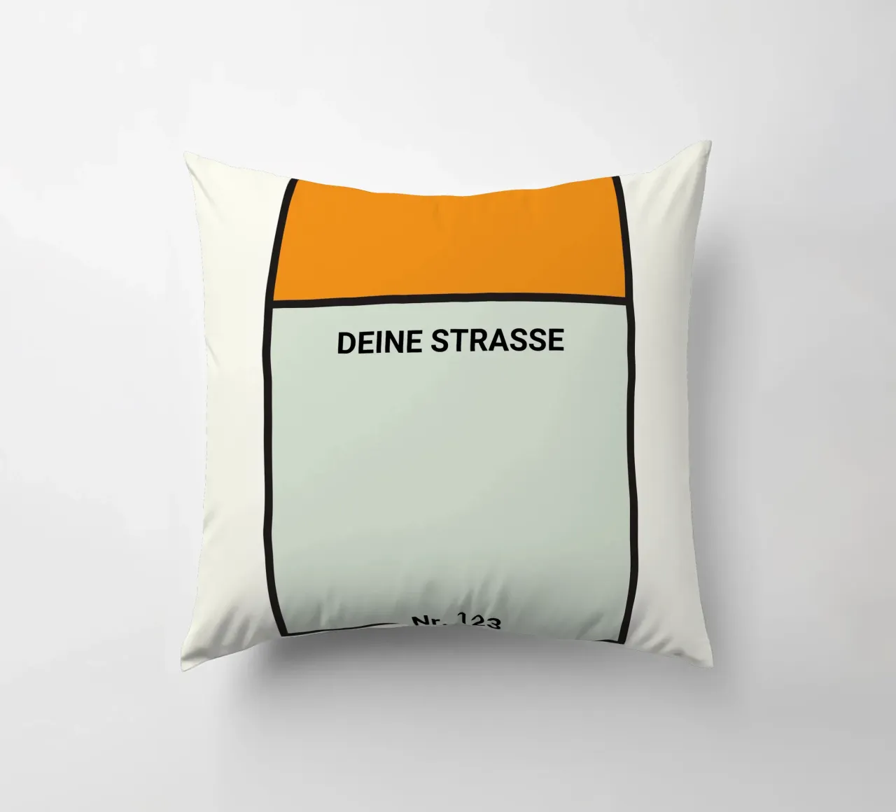 Monopoly-Style Poster orange – Deine Straße & Hausnummer Kissen von FRAMELY