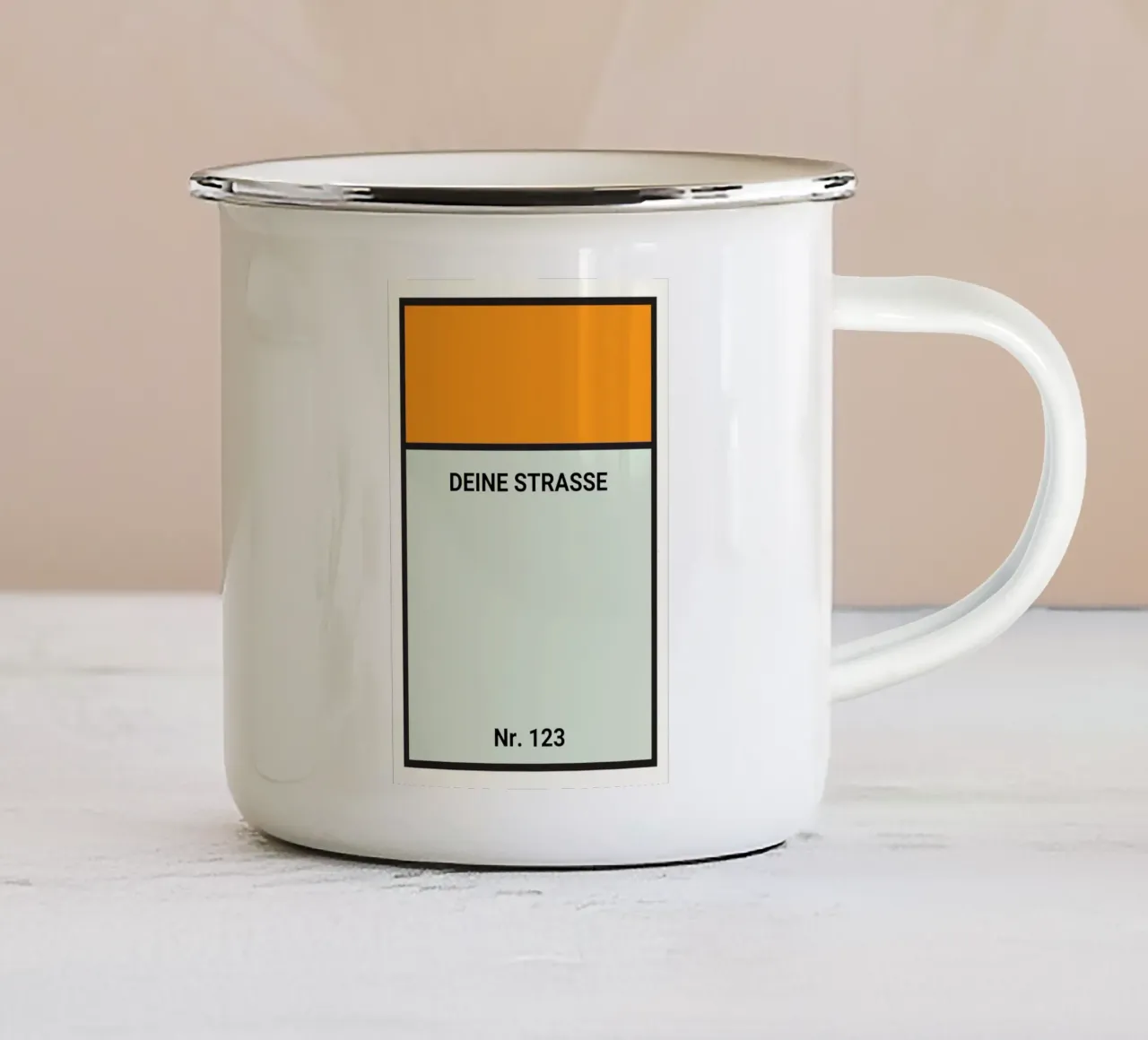 Monopoly-Style Poster orange – Deine Straße & Hausnummer Emaille Tasse von FRAMELY