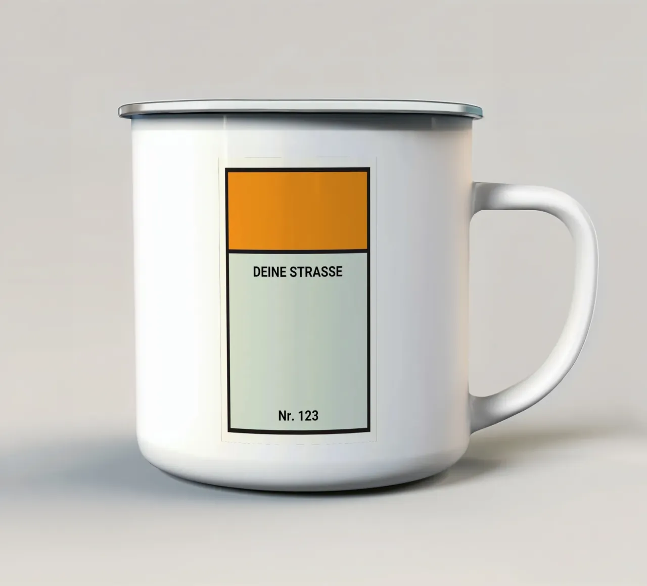 Monopoly-Style Poster orange – Deine Straße & Hausnummer Emaille Tasse von FRAMELY