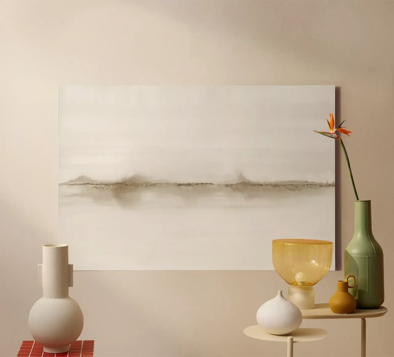 Minimalistisch beige landschap canvas met Baklijst van NouveauPrints