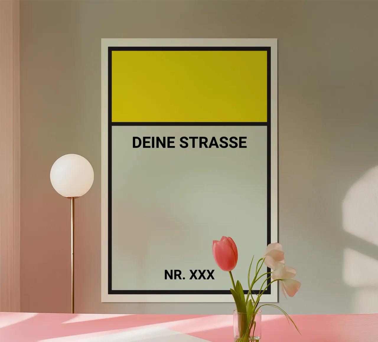 Poster stile Monopoly giallo - La vostra via e il vostro numero civico carta hahnemühle da FRAMELY