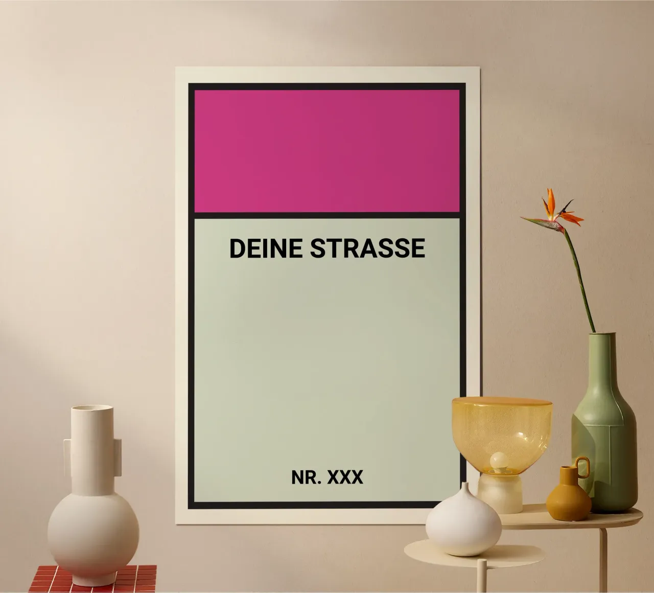 Poster stile Monopoly viola - La vostra via e il vostro numero civico carta hahnemühle da FRAMELY