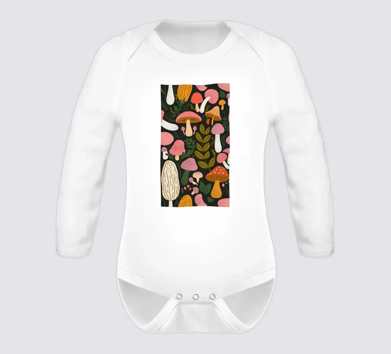 Mushroom Forest Fantasy long-sleeve baby romper by Fine Sanctuary