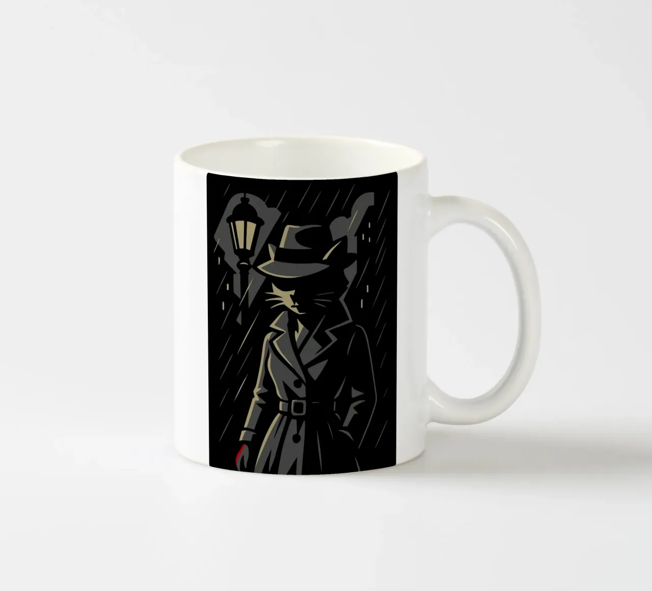 Gatto in trench sotto una lanterna - Motivo animale noir con pioggia tazza in ceramica da nanosh