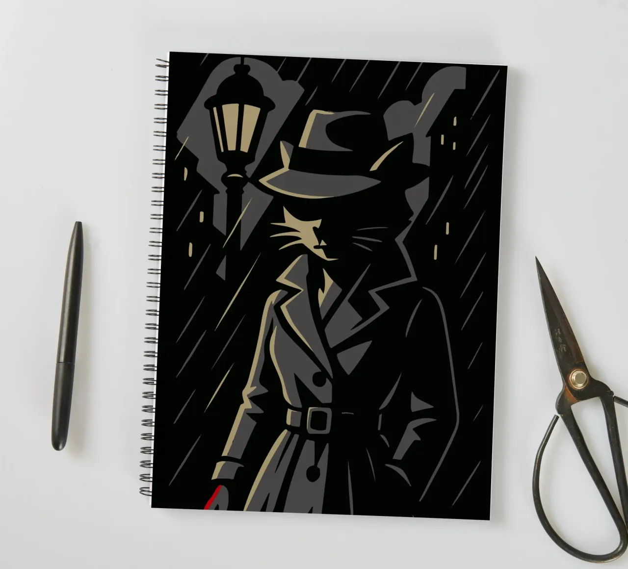 Cat in a trench coat under a lantern - Noir animal motif with rain spiral notebook by nanosh