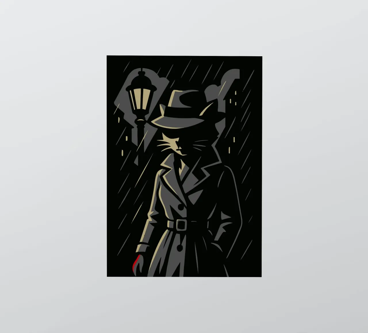 Cat in a trench coat under a lantern - Noir animal motif with rain sticker by nanosh