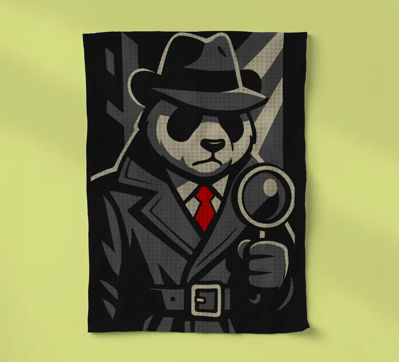 Panda detective with magnifying glass - Noir animal motif with retro charm tea towel by nanosh