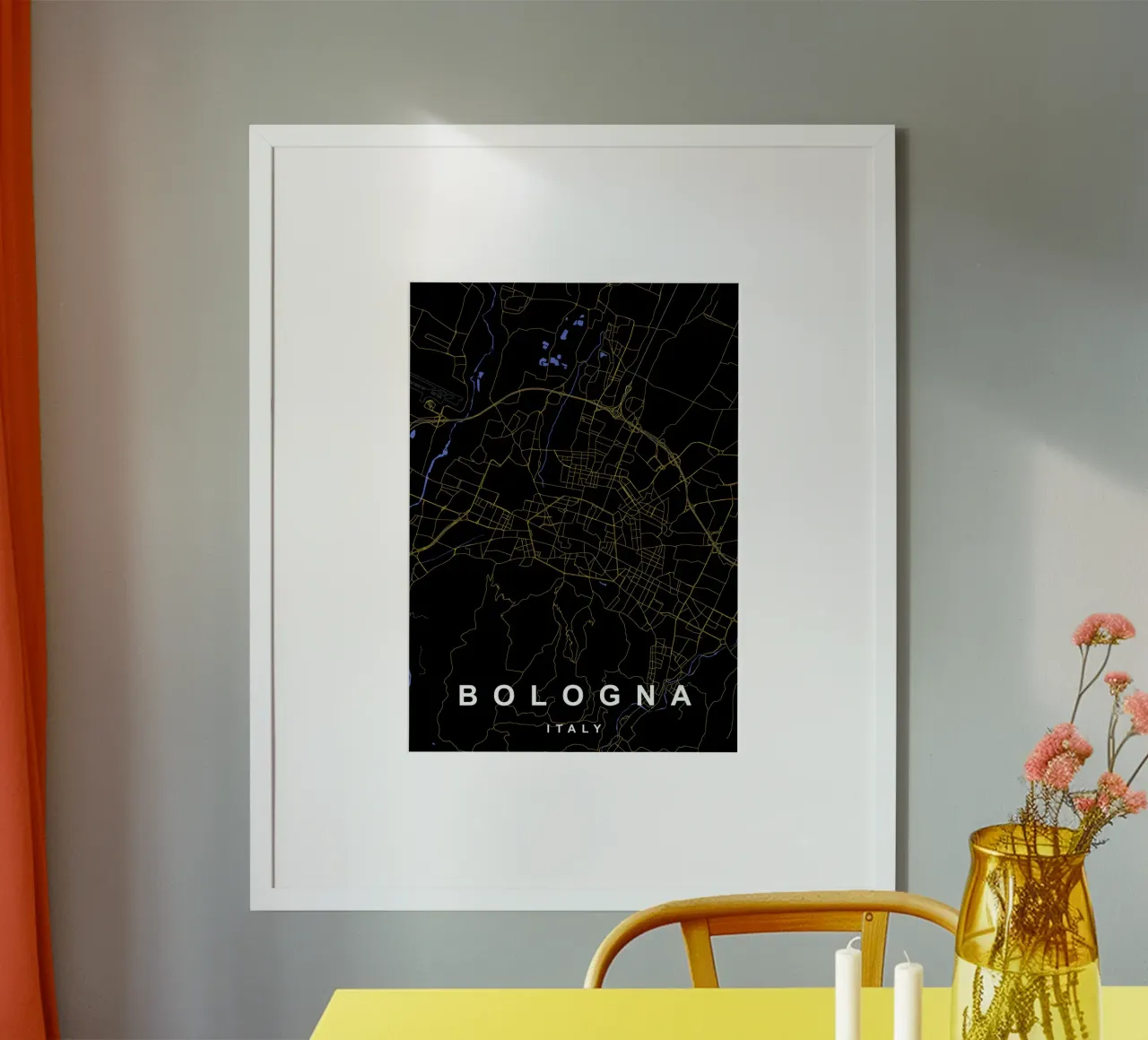Mappa della città di Bologna in nero e oro poster con telaio in plastica da Cartographers Library