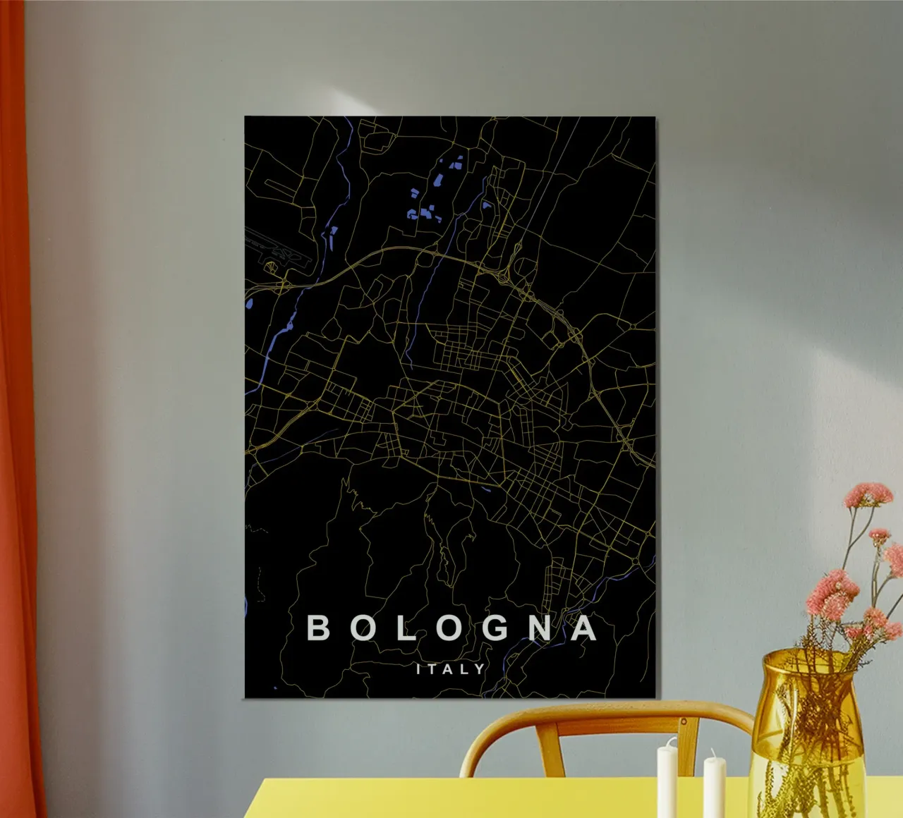 Mappa della città di Bologna in nero e oro poster con telaio in plastica da Cartographers Library