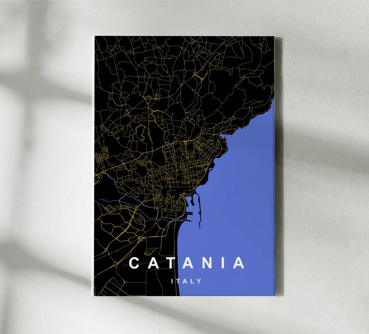 Catania - Mappa della città in nero e oro tela con Cornice a cassetta da Cartographers Library