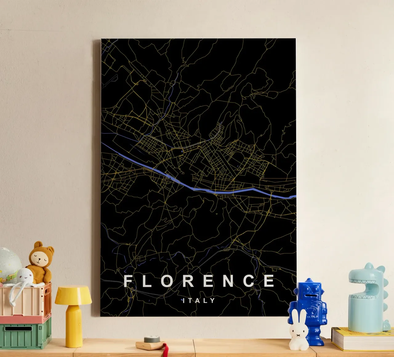Mappa della città di Firenze in nero e oro tela con Cornice a cassetta da Cartographers Library