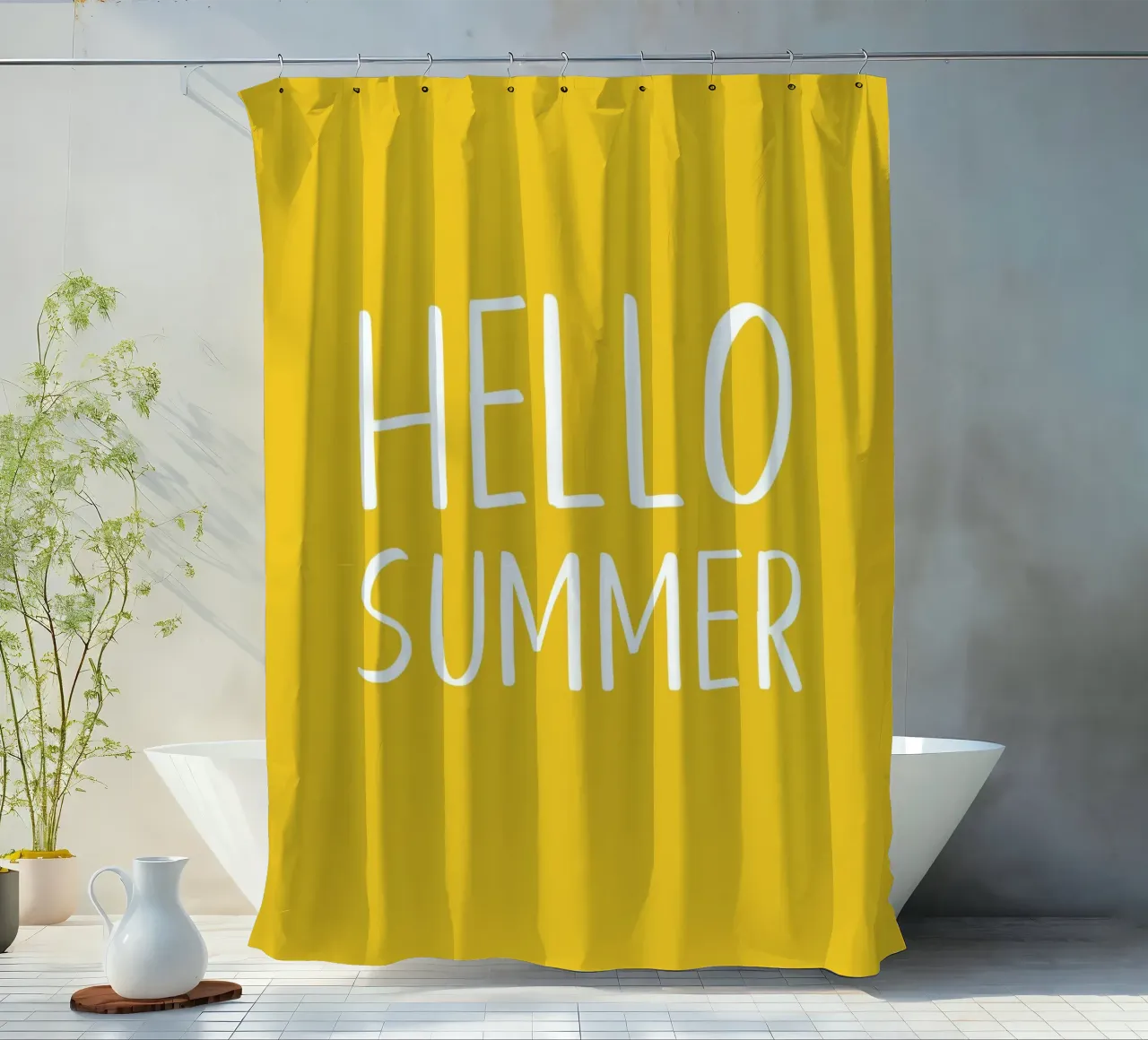 Hello Summer – Hand Drawn Block Letters on Lemon Yellow shower curtain by Stilrausch