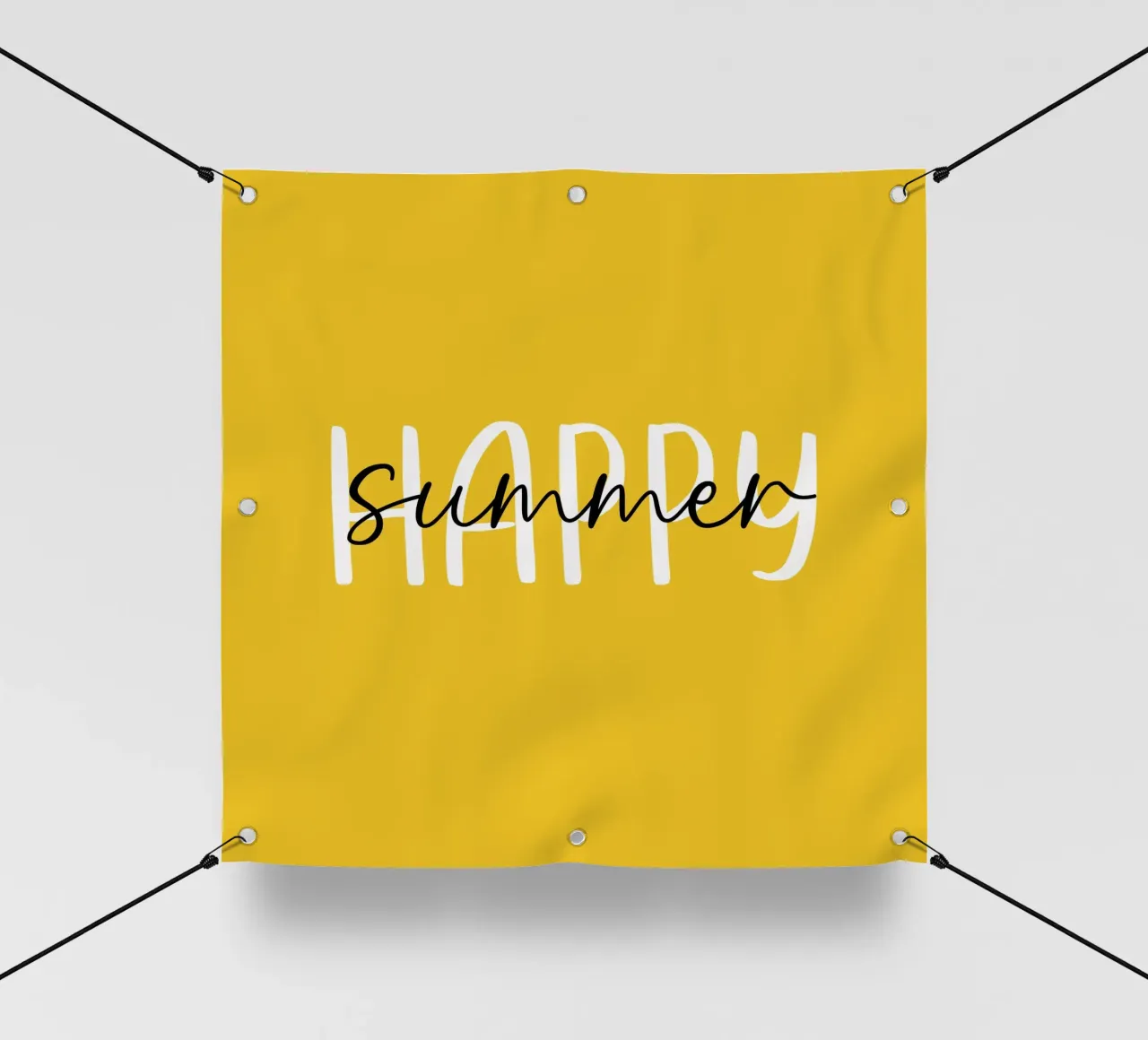 Happy Summer - Handgezeichneter weißer schwarzer Text auf zitronengelb PVC Plane von Stilrausch