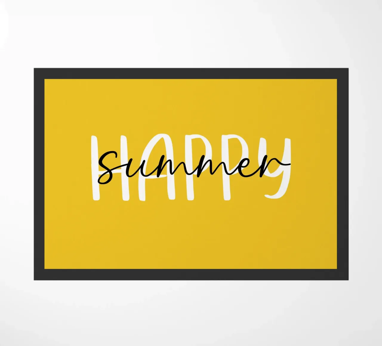 Happy Summer - Handgezeichneter weißer schwarzer Text auf zitronengelb Fußmatte von Stilrausch
