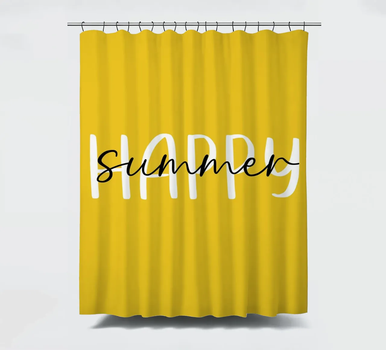 Happy Summer - Handgezeichneter weißer schwarzer Text auf zitronengelb Duschvorhang von Stilrausch