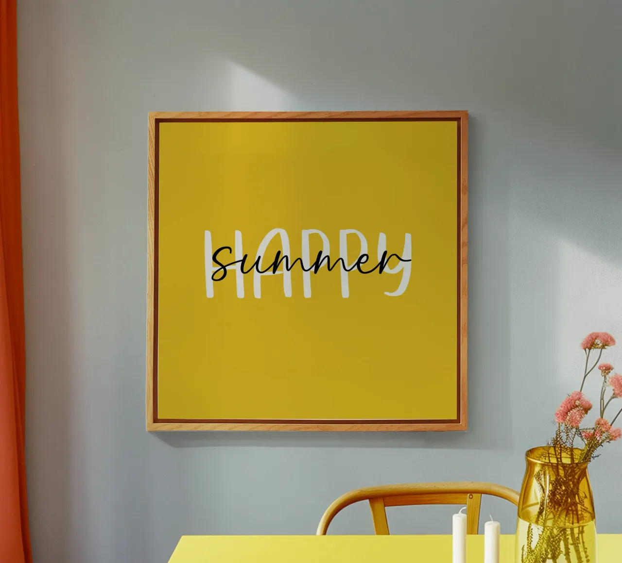 Happy Summer - Handgezeichneter weißer schwarzer Text auf zitronengelb Acryl-Glas von Stilrausch