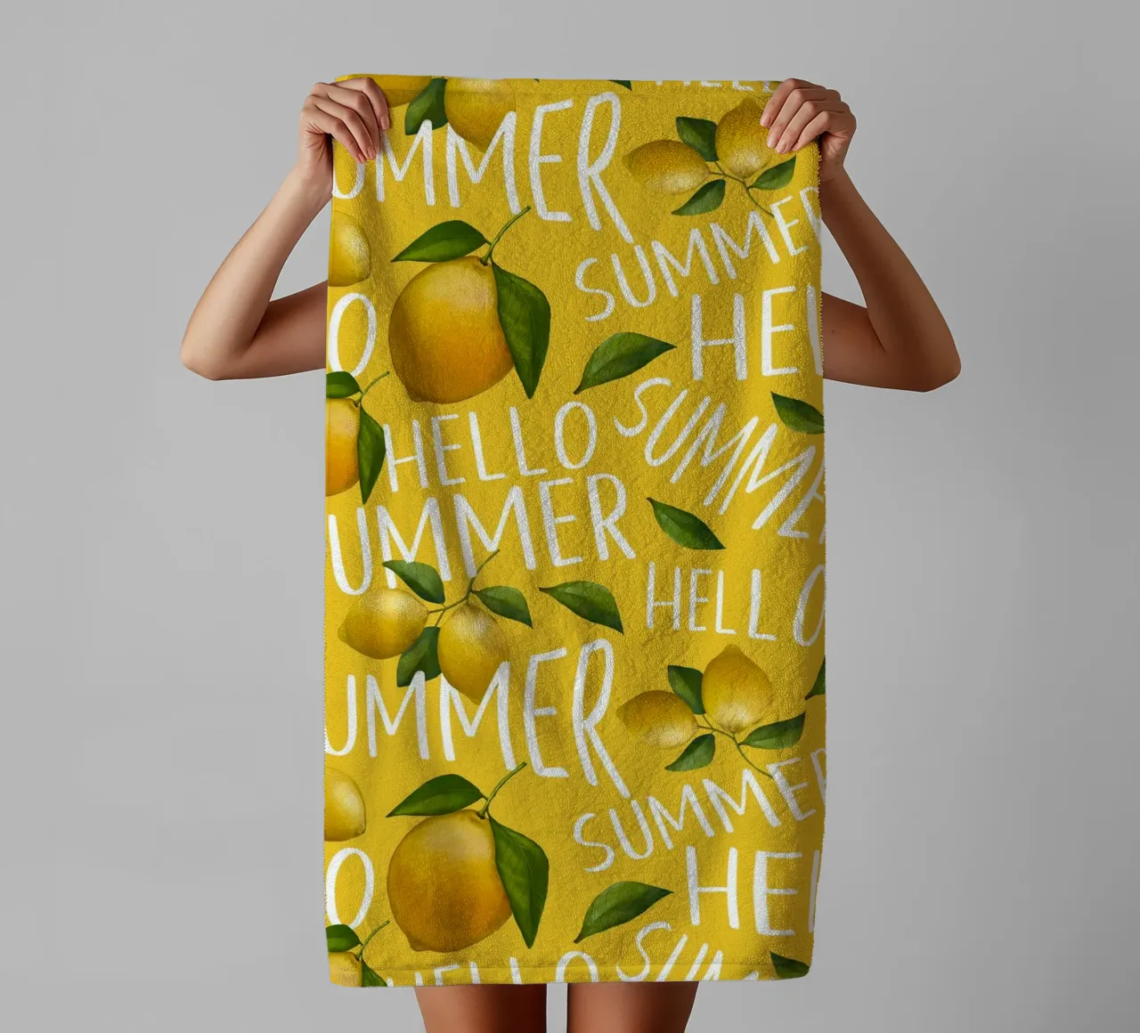Hello Summer with Lemons on Yellow Background – Fresh Patter towel by Stilrausch