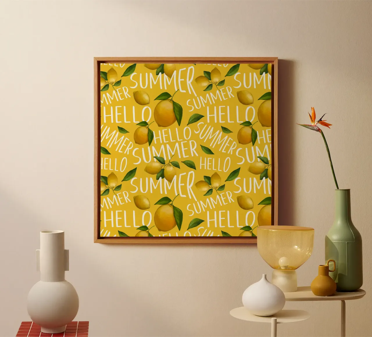 Hello Summer with Lemons on Yellow Background – Fresh Patter canvas with Floater frame by Stilrausch