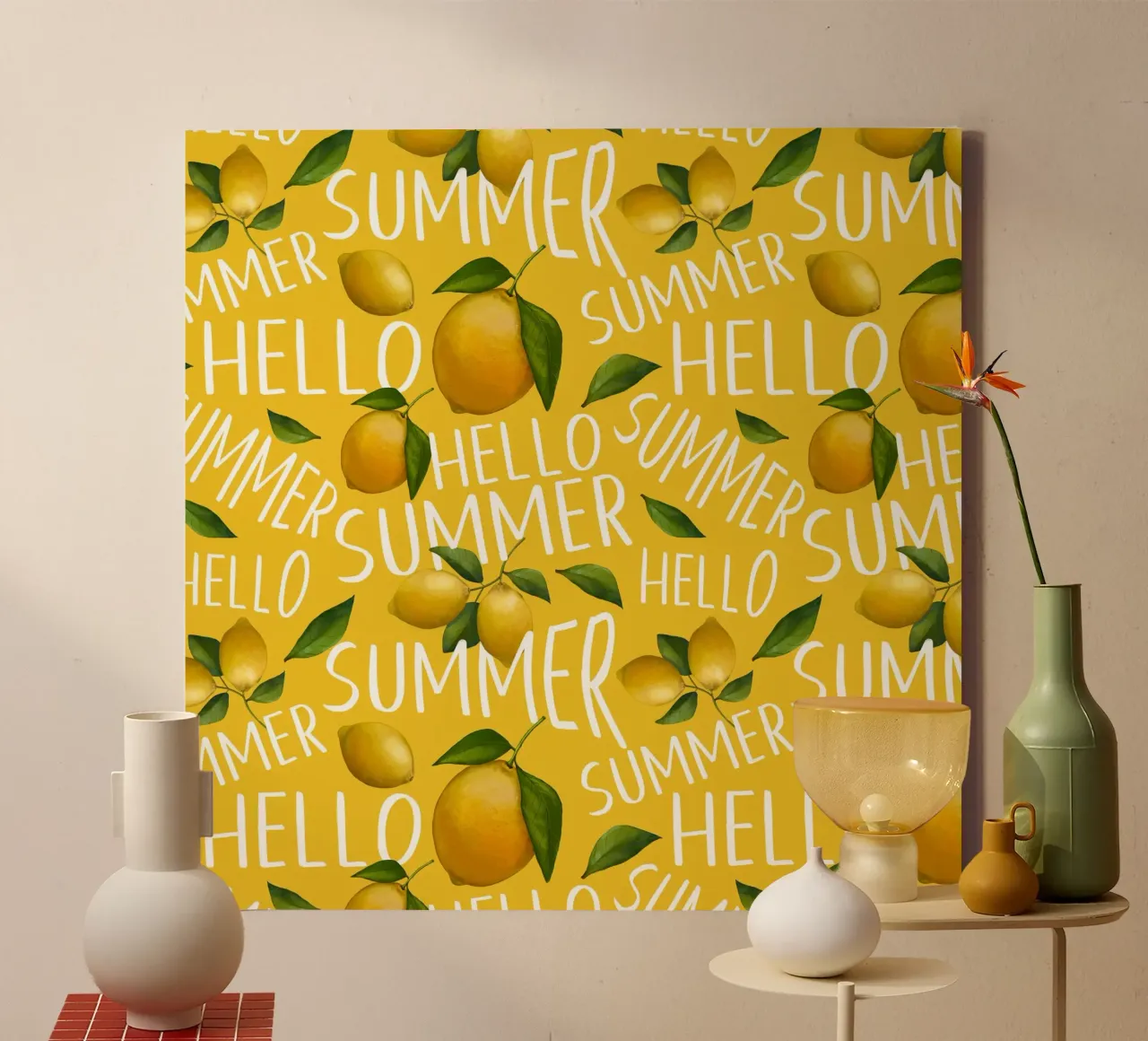 Hello Summer with Lemons on Yellow Background – Fresh Patter canvas with Floater frame by Stilrausch