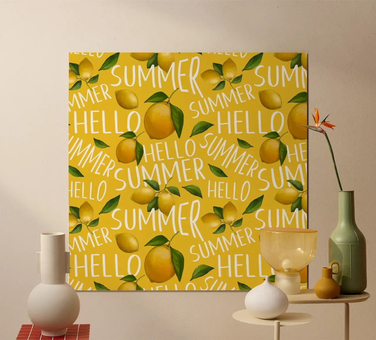 Bonjour l'été avec des citrons sur fond jaune - Fresh Patter poster de Stilrausch