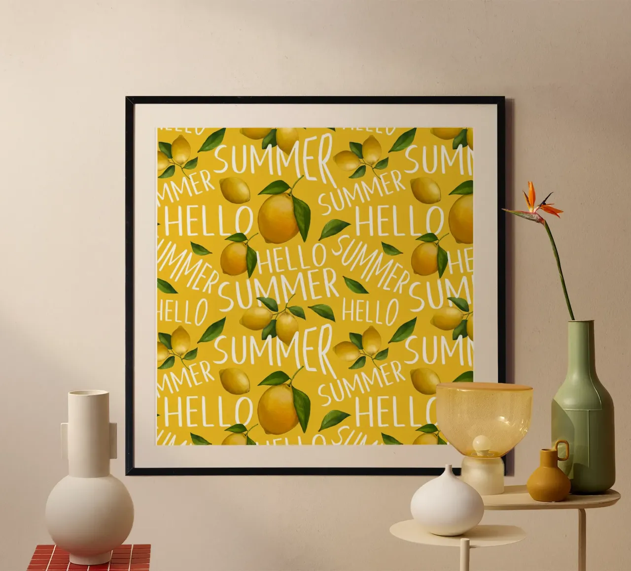 Bonjour l'été avec des citrons sur fond jaune - Fresh Patter poster de Stilrausch