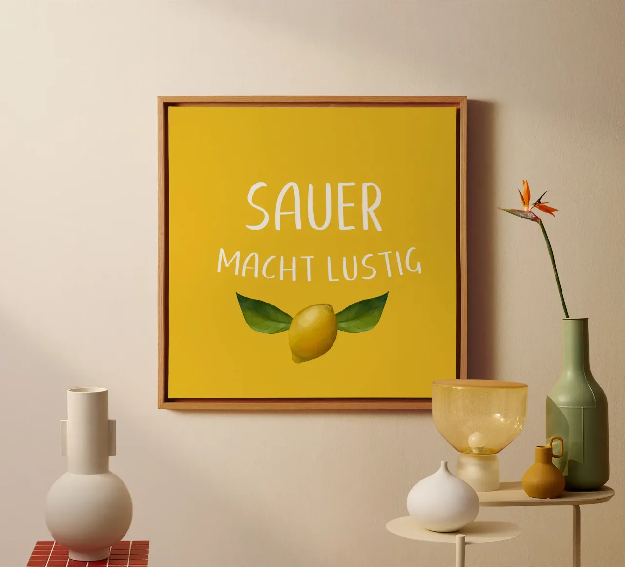 Sauer Macht Lustig – Lemon on Yellow Background canvas with Floater frame by Stilrausch