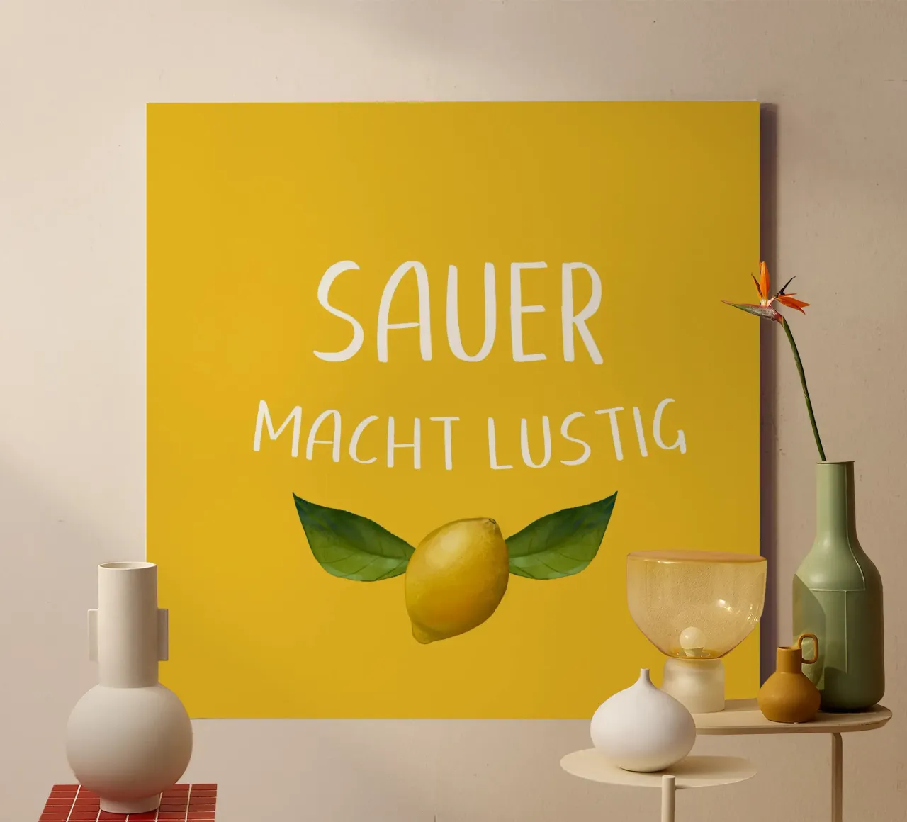 Sauer Macht Lustig – Lemon on Yellow Background canvas with Floater frame by Stilrausch