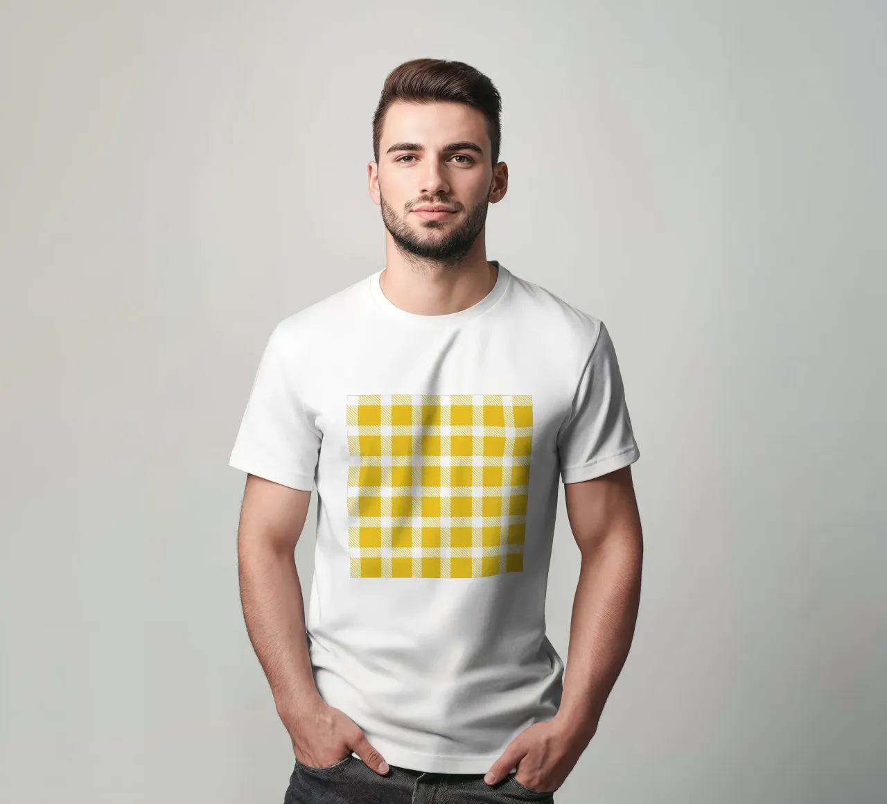 White Checkered Pattern on Yellow Background t-shirt by Stilrausch