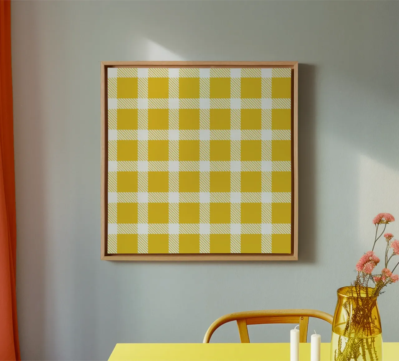 White Checkered Pattern on Yellow Background canvas with Floater frame by Stilrausch