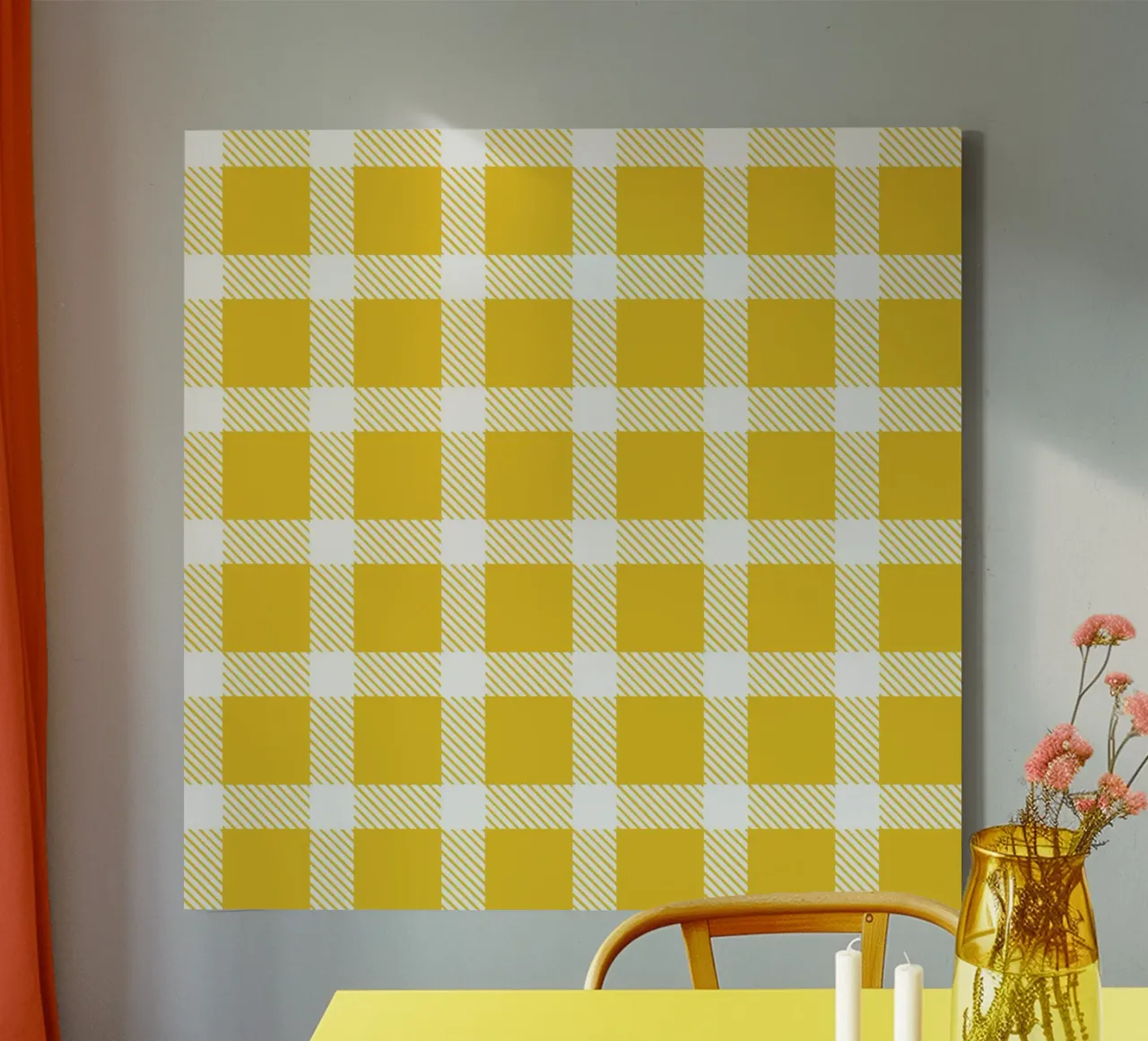 White Checkered Pattern on Yellow Background canvas with Floater frame by Stilrausch