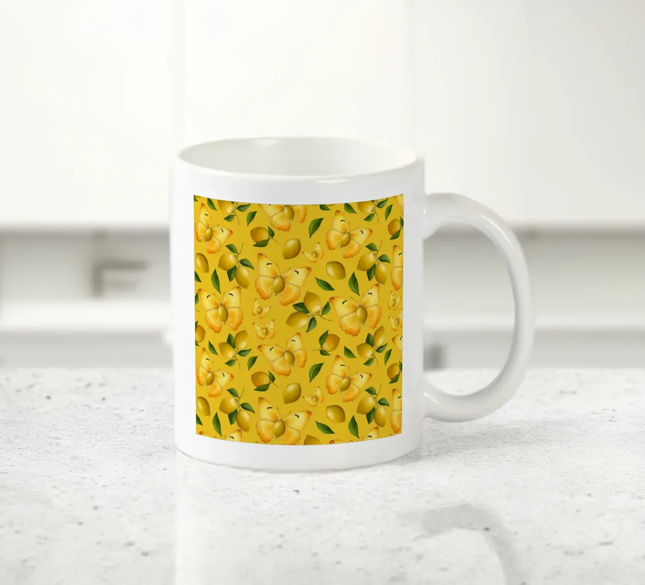 Lemon Butterfly Pattern on Yellow Background ceramic mug by Stilrausch