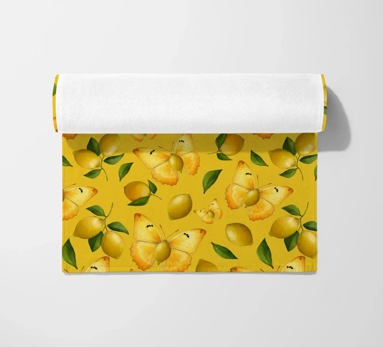 Lemon Butterfly Pattern on Yellow Background beach towel by Stilrausch