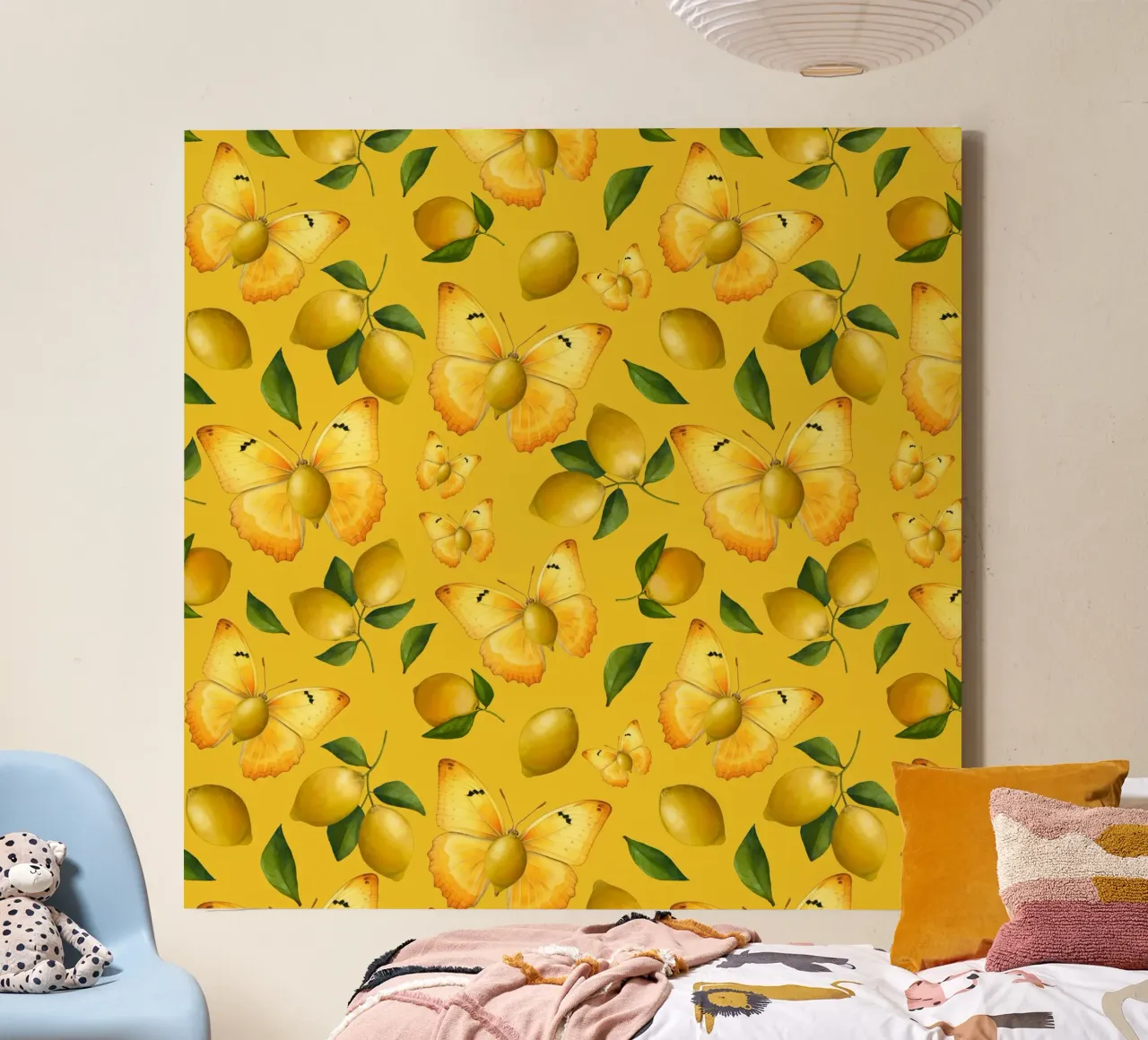Lemon Butterfly Pattern on Yellow Background canvas by Stilrausch