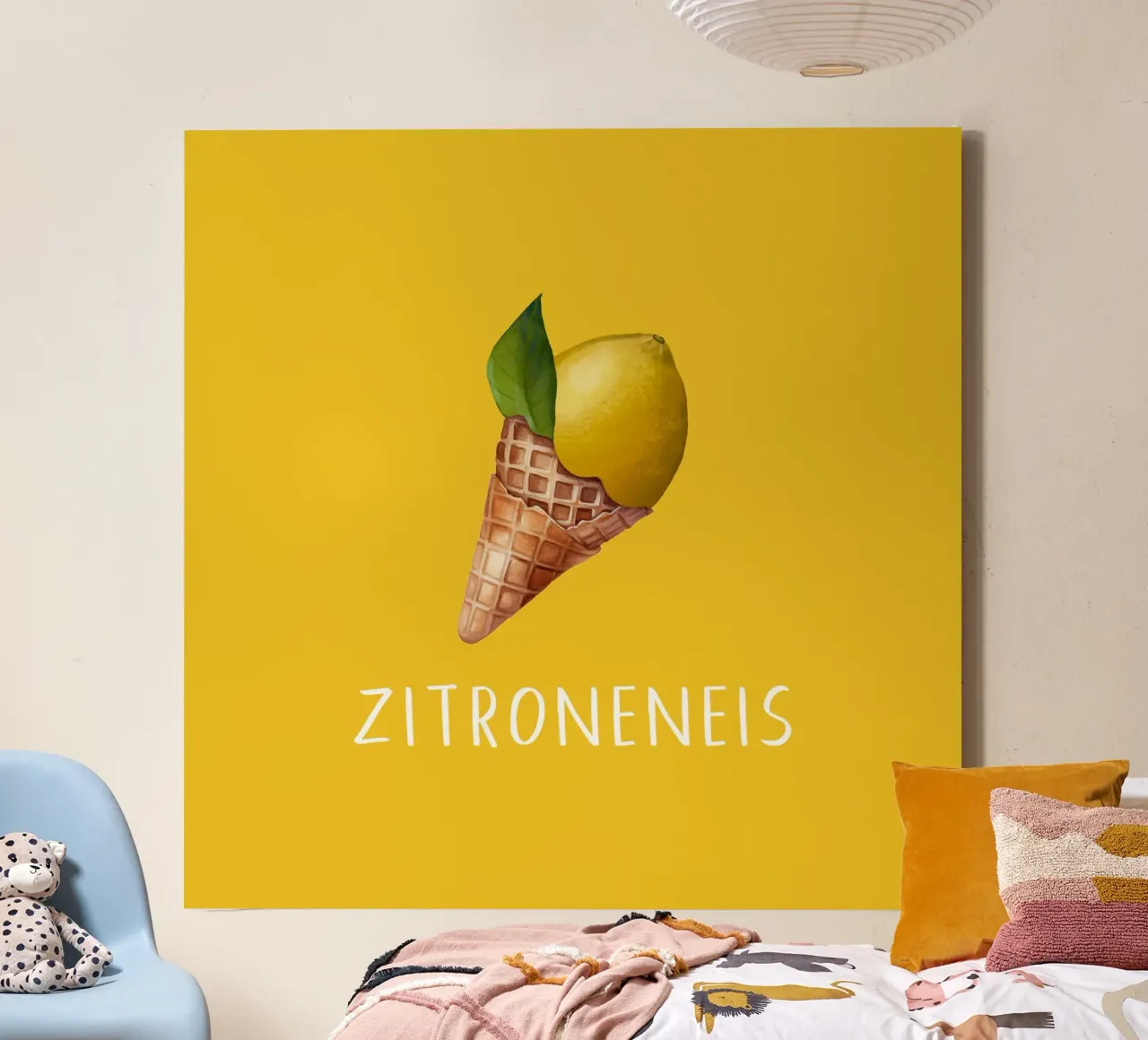 Illustration d'un cône de crème glacée au citron - Texte sur fond jaune toile de Stilrausch