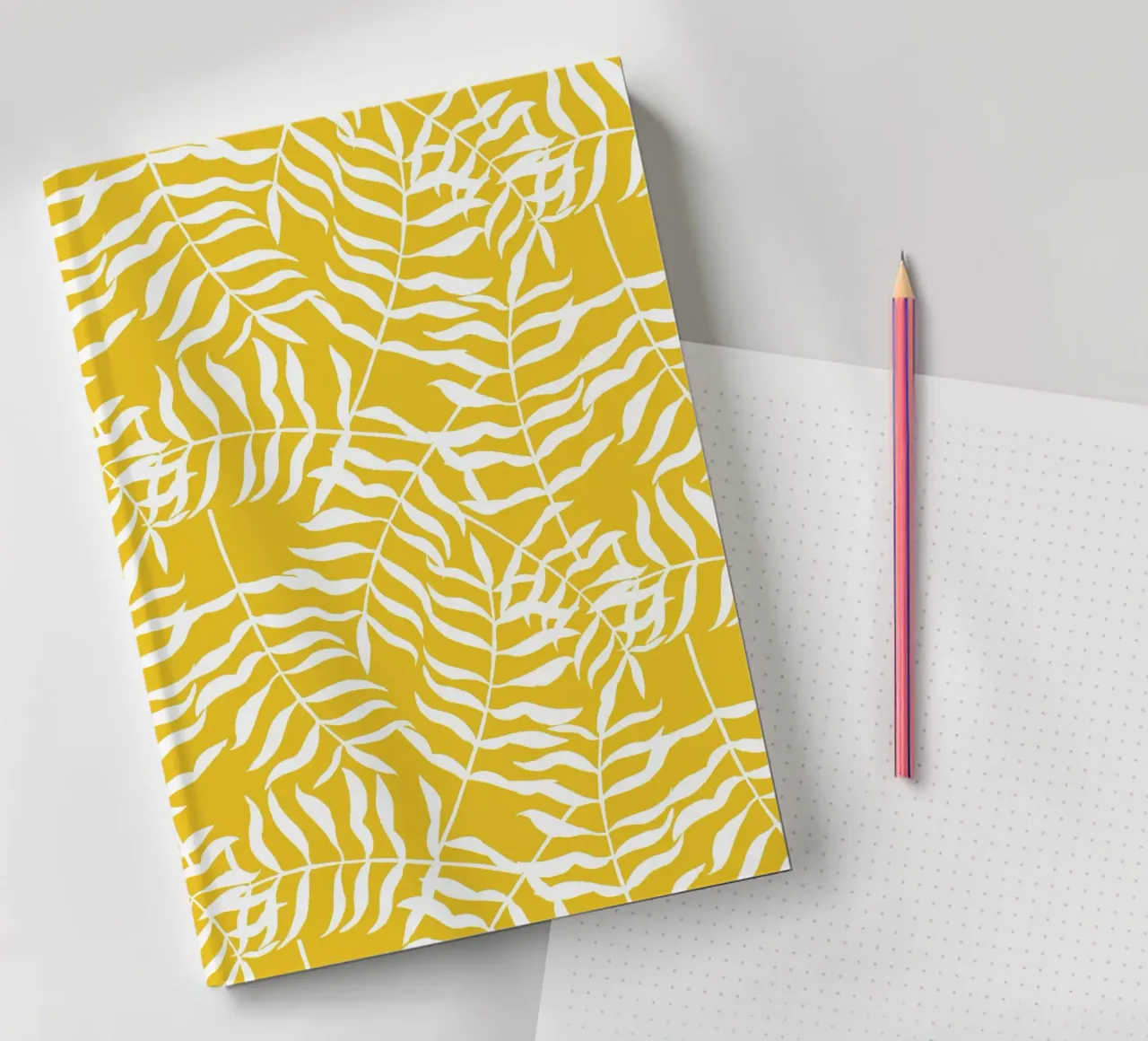 White Palm Leaves on Yellow Background – Fresh Pattern notebook by Stilrausch