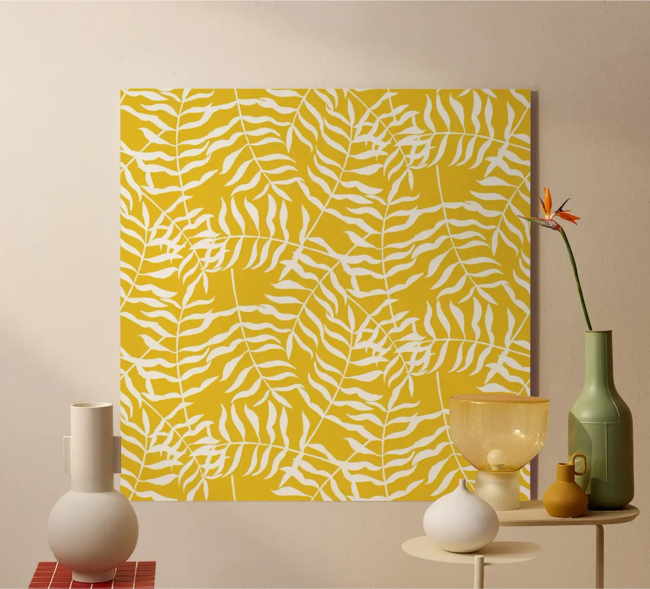 Foglie di palma bianche su sfondo giallo - Modello fresco plexiglass da Stilrausch