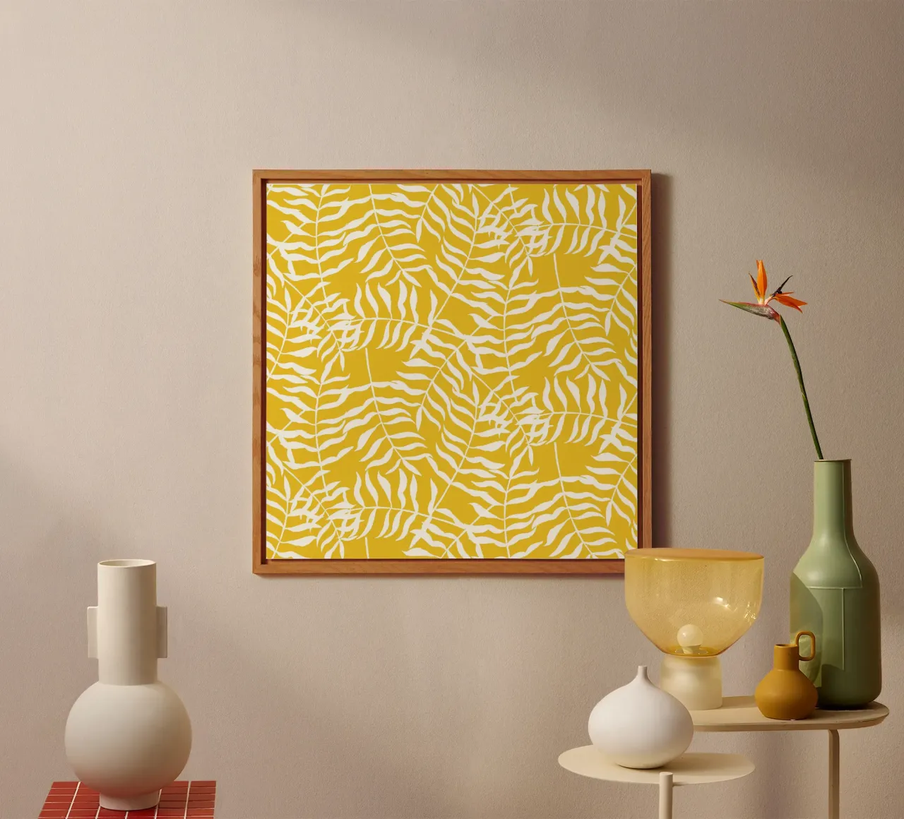 Foglie di palma bianche su sfondo giallo - Modello fresco alluminio dibond da Stilrausch