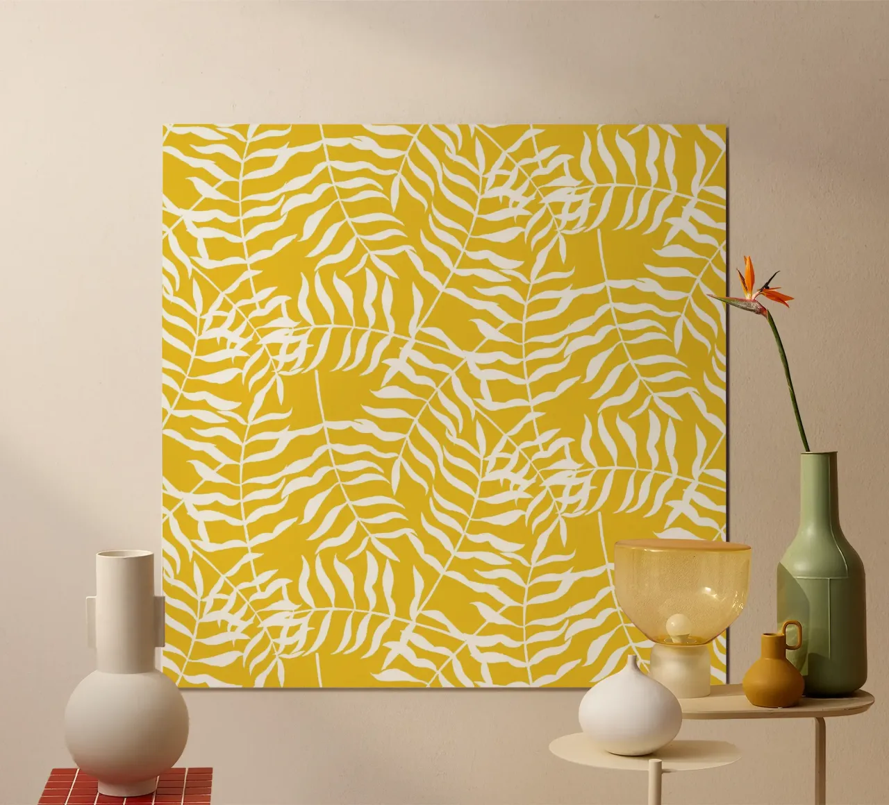 Feuilles de palmier blanches sur fond jaune - Motif frais poster de Stilrausch